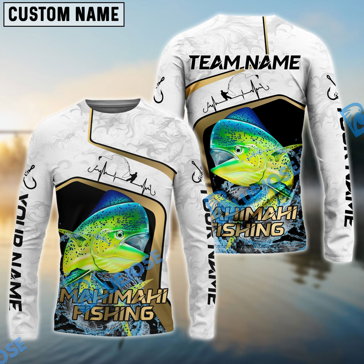 BlueJose Mahi-Mahi Fishing White Marble & Gold Trim Splash Heartbeat Line Custom Name & Team Name 3D Shirts