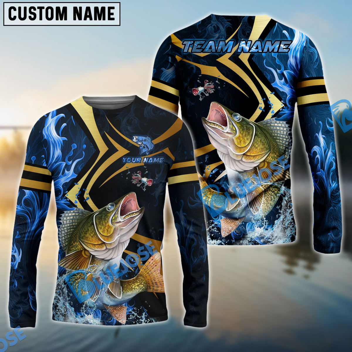 BlueJose Walleye Fishing Blue Ocean Wave & Gold Geometric Custom Name & Team Name 3D Shirts