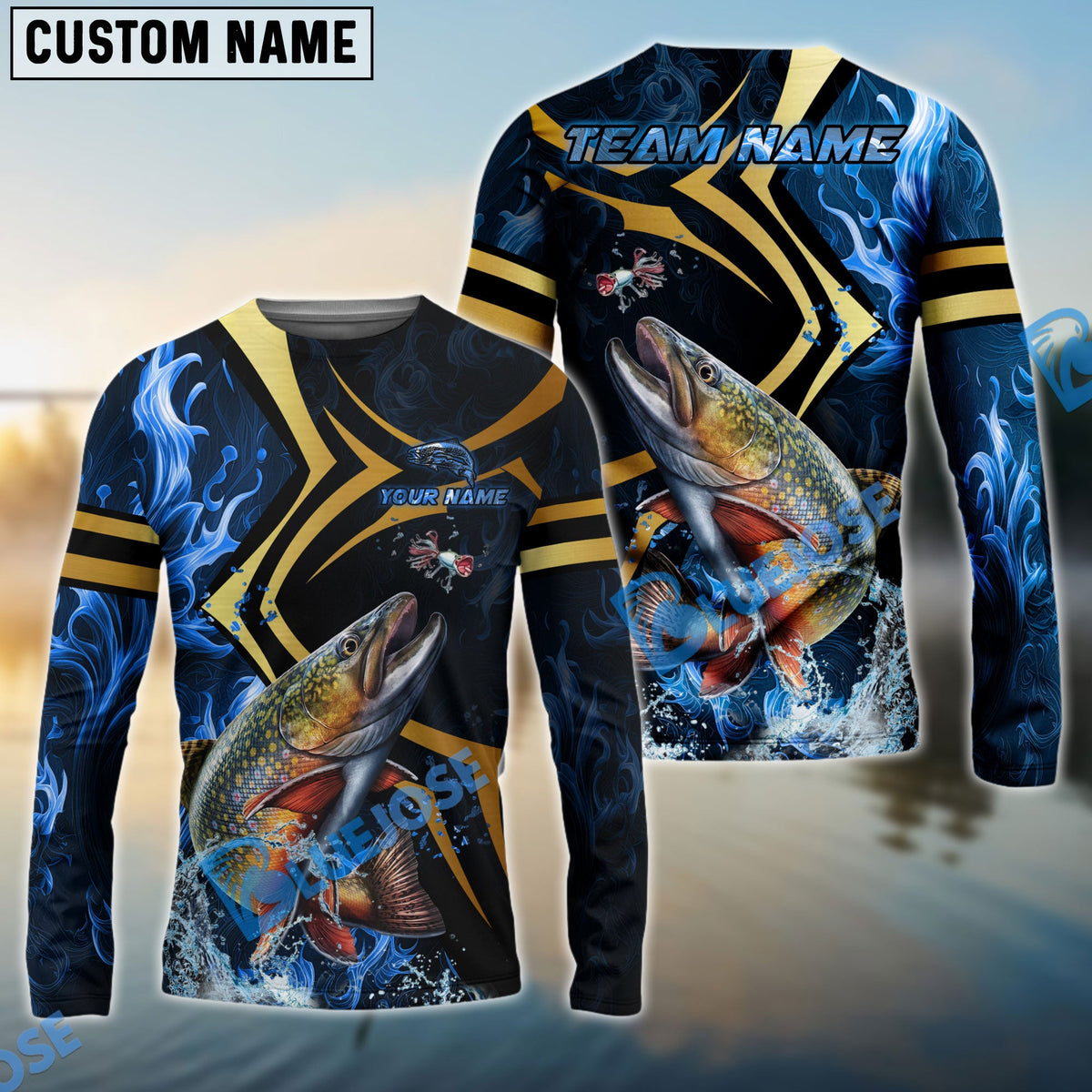 BlueJose Trout Fishing Blue Ocean Wave & Gold Geometric Custom Name & Team Name 3D Shirts
