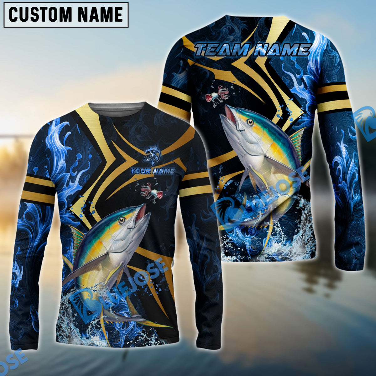 BlueJose Tuna Fishing Blue Ocean Wave & Gold Geometric Custom Name & Team Name 3D Shirts