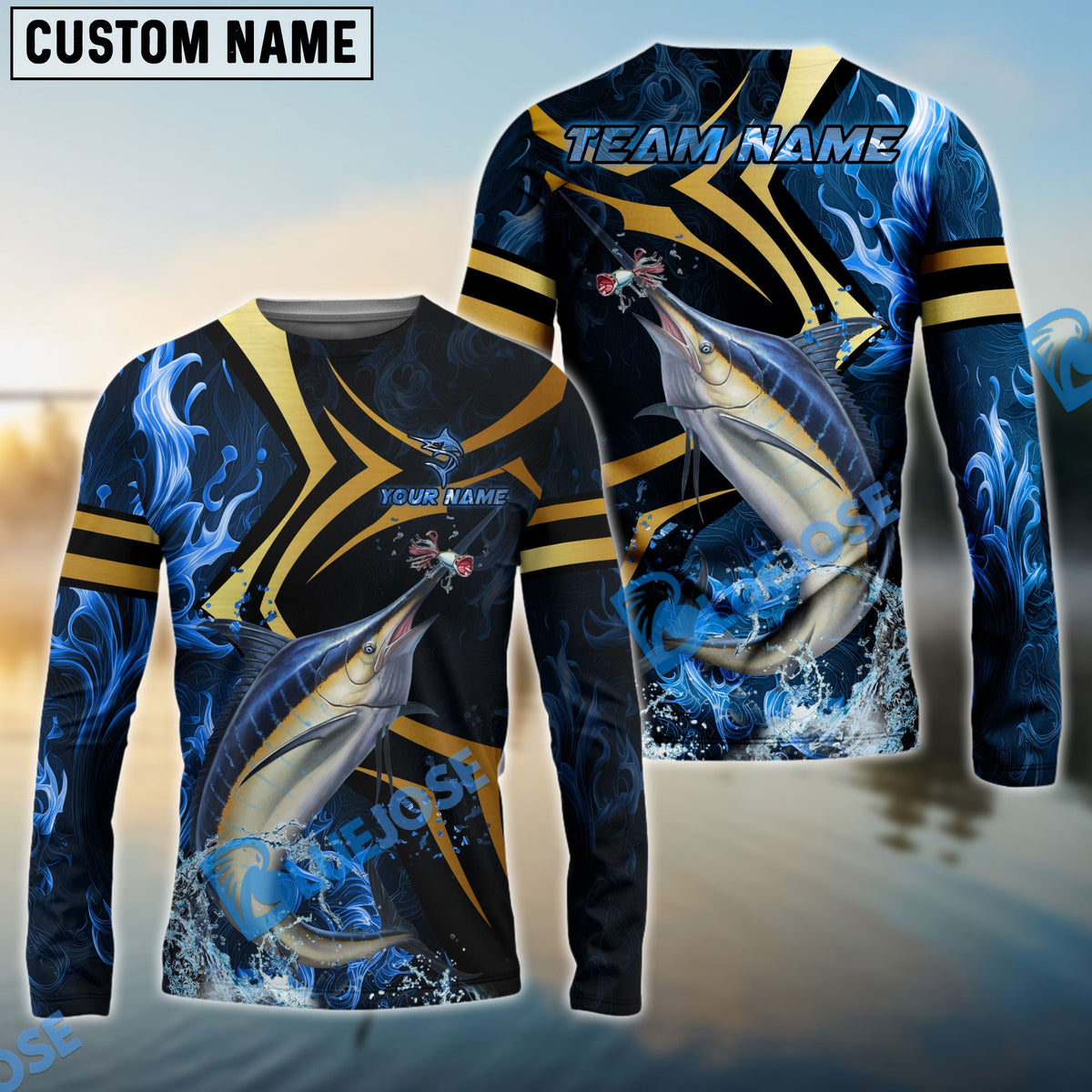 BlueJose Marlin Fishing Blue Ocean Wave & Gold Geometric Custom Name & Team Name 3D Shirts