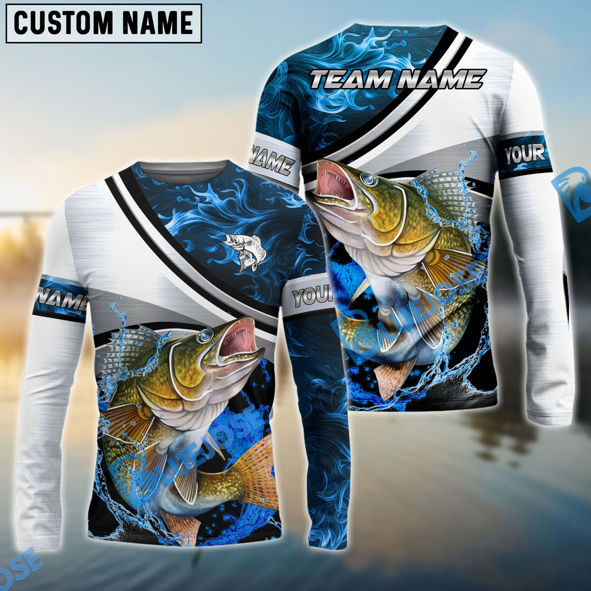 BlueJose Walleye Fishing Grey Diagonal Stripe & Blue Flame Water Splash Custom Name & Team Name 3D Shirts