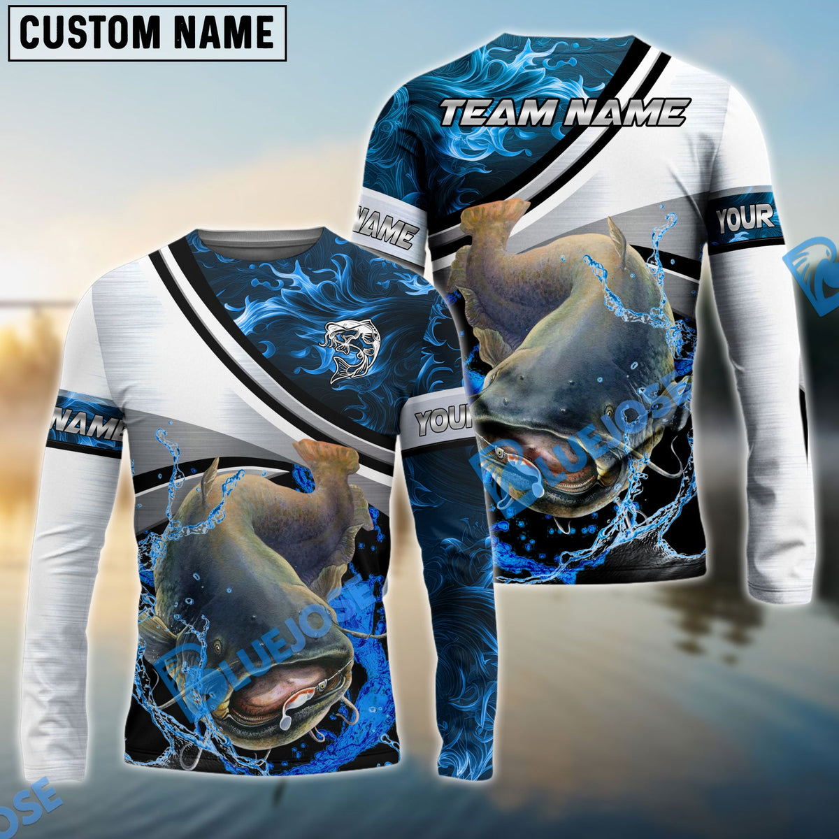 BlueJose Catfish Fishing Grey Diagonal Stripe & Blue Flame Water Splash Custom Name & Team Name 3D Shirts