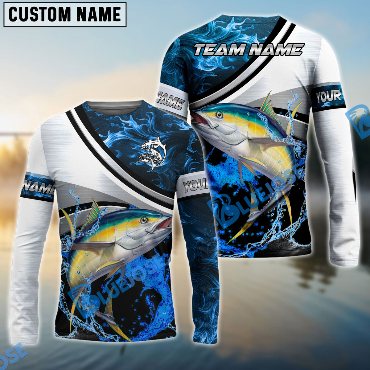 BlueJose Tuna Fishing Grey Diagonal Stripe & Blue Flame Water Splash Custom Name & Team Name 3D Shirts