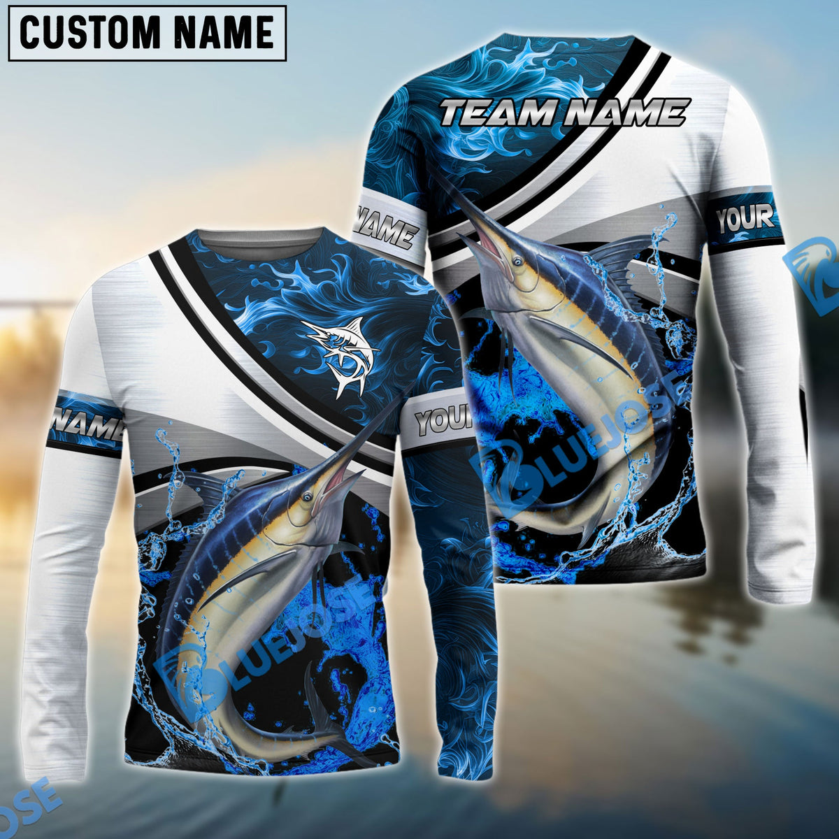 BlueJose Marlin Fishing Grey Diagonal Stripe & Blue Flame Water Splash Custom Name & Team Name 3D Shirts