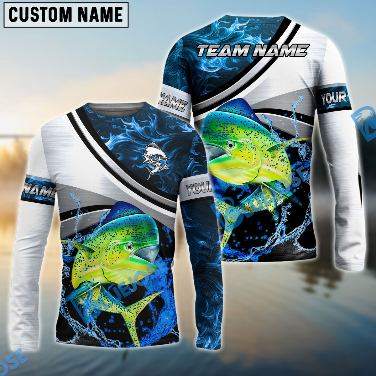 BlueJose Mahi-Mahi Fishing Grey Diagonal Stripe & Blue Flame Water Splash Custom Name & Team Name 3D Shirts