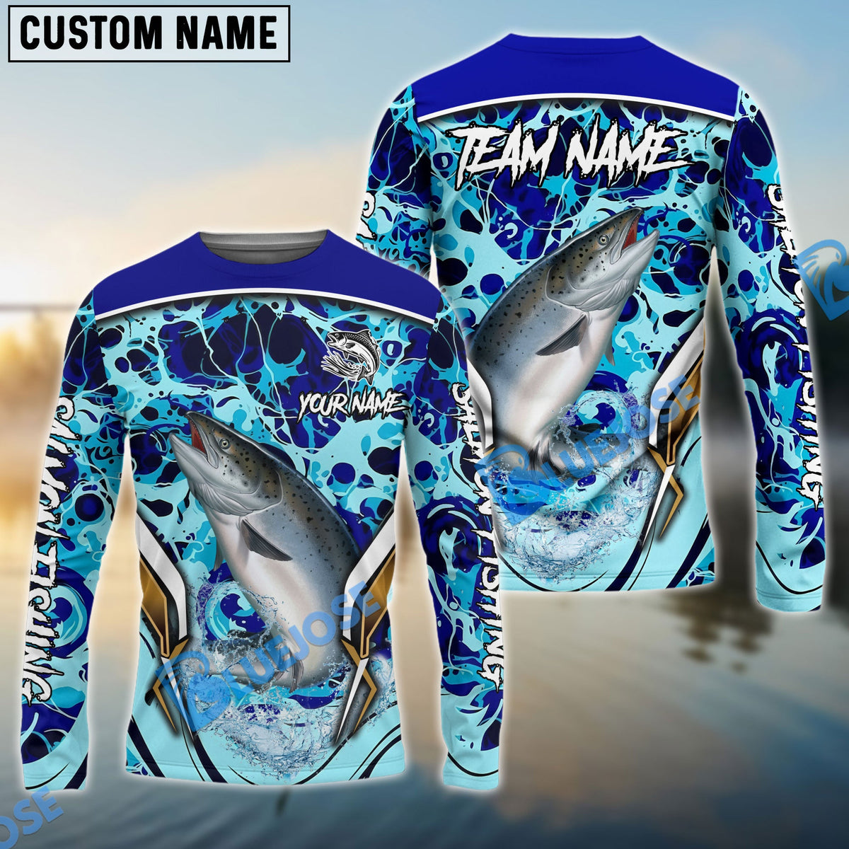 BlueJose Salmon Fishing Blue Fiction Sea Custom Name & Team Name 3D Shirts