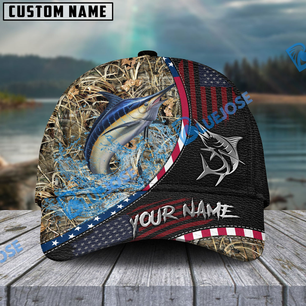 BlueJose Fishing Camo Flag Patriot Personalized Cap (11 Breeds)