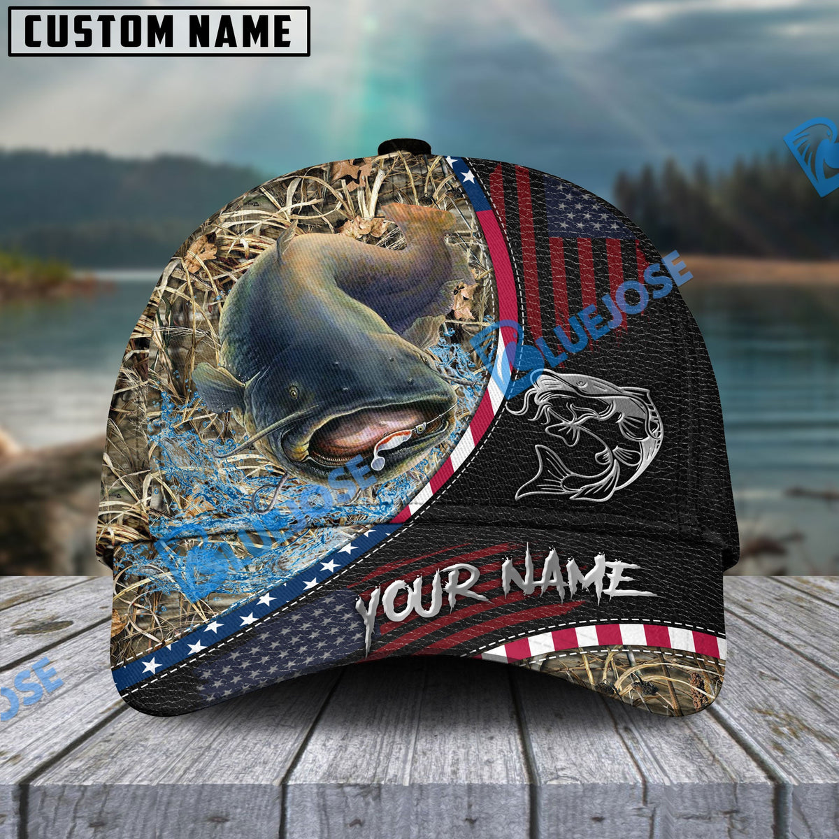 BlueJose Fishing Camo Flag Patriot Personalized Cap (11 Breeds)