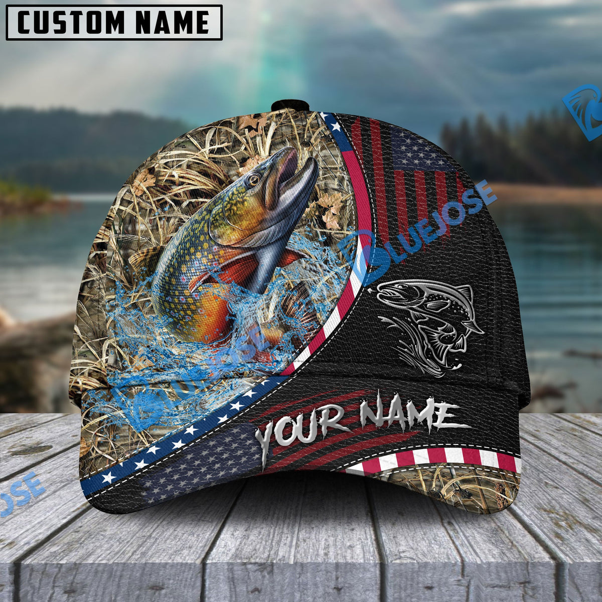 BlueJose Fishing Camo Flag Patriot Personalized Cap (11 Breeds)