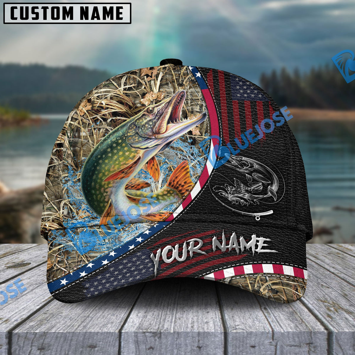 BlueJose Fishing Camo Flag Patriot Personalized Cap (11 Breeds)