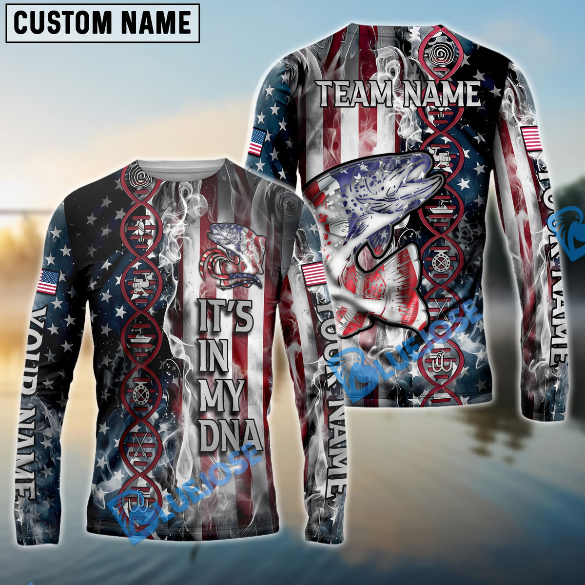 BlueJose Trout Fishing American Flag Smoke & Red DNA Helix Firefighter Icons Custom Name & Team Name 3D Shirts
