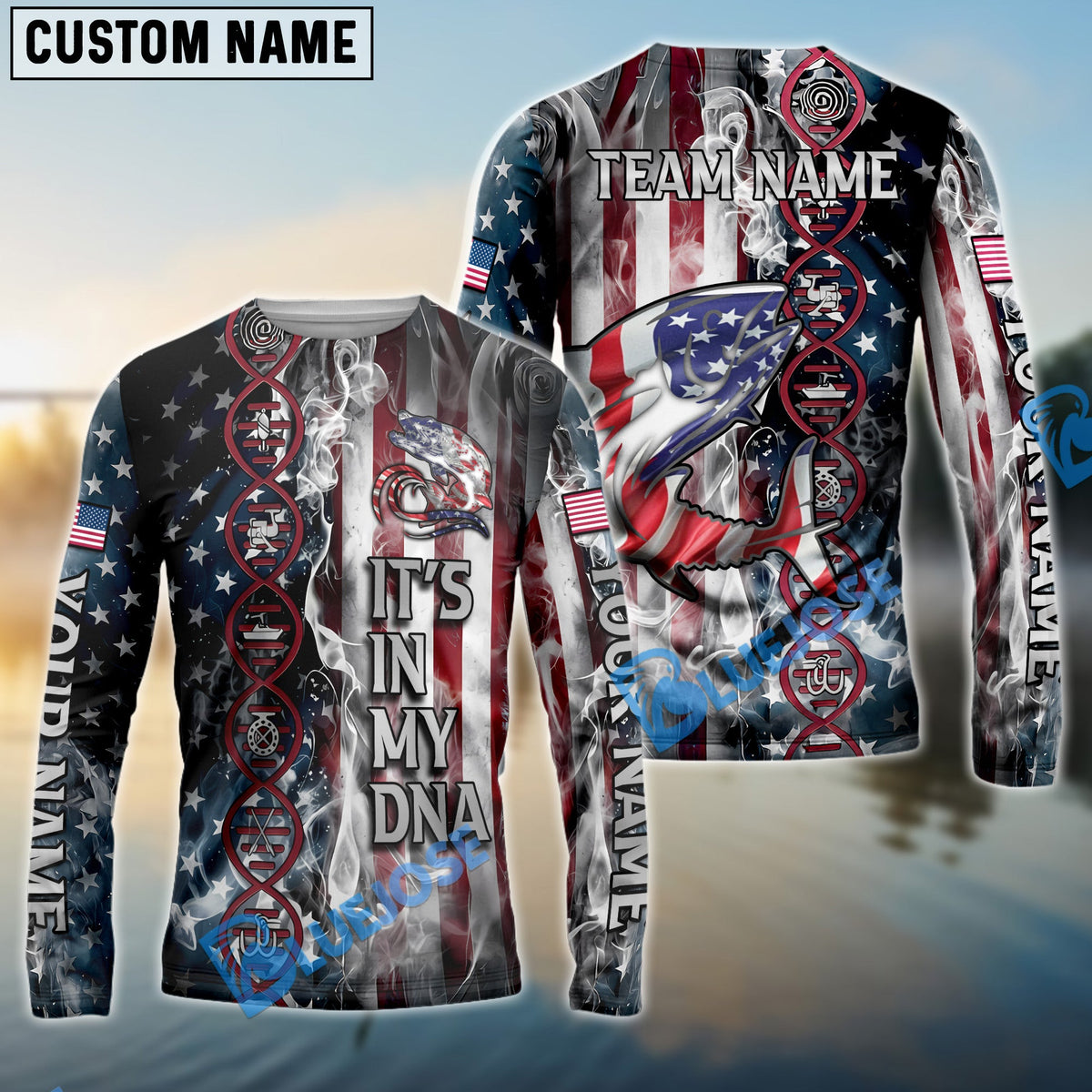 BlueJose Tuna Fishing American Flag Smoke & Red DNA Helix Firefighter Icons Custom Name & Team Name 3D Shirts