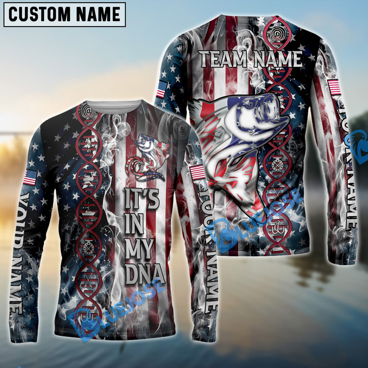 BlueJose Striped Bass Fishing American Flag Smoke & Red DNA Helix Firefighter Icons Custom Name & Team Name 3D Shirts