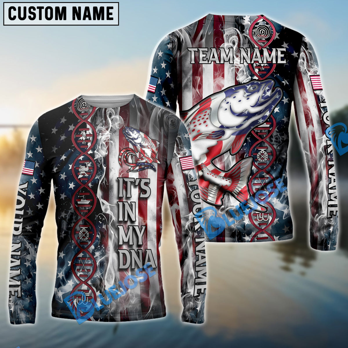 BlueJose Salmon Fishing American Flag Smoke & Red DNA Helix Firefighter Icons Custom Name & Team Name 3D Shirts