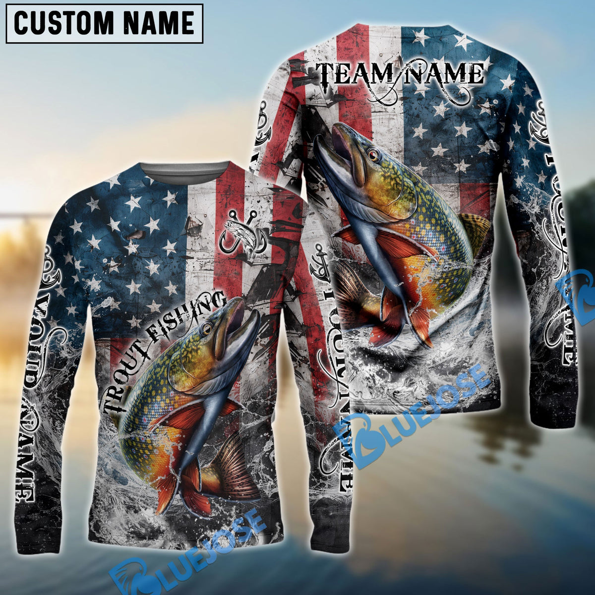 BlueJose Trout Fishing American Flag Vintage Splash Art Custom Name & Team Name 3D Shirts