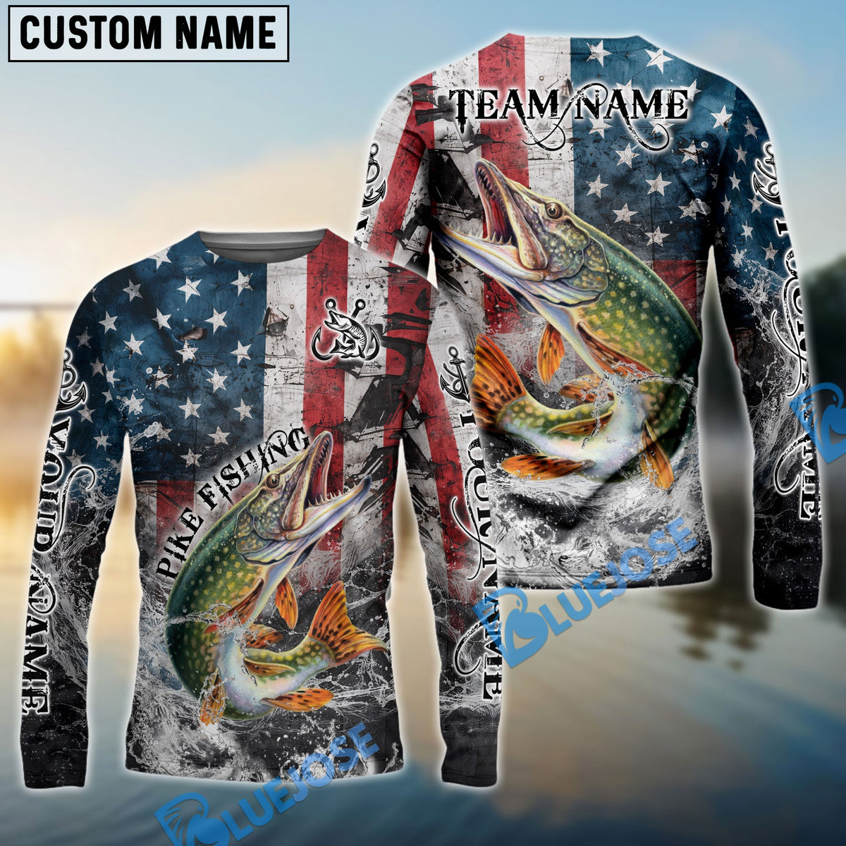 BlueJose Pike Fishing American Flag Vintage Splash Art Custom Name & Team Name 3D Shirts