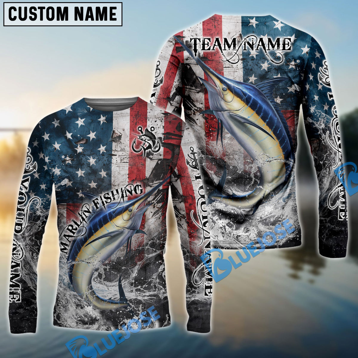 BlueJose Marlin Fishing American Flag Vintage Splash Art Custom Name & Team Name 3D Shirts