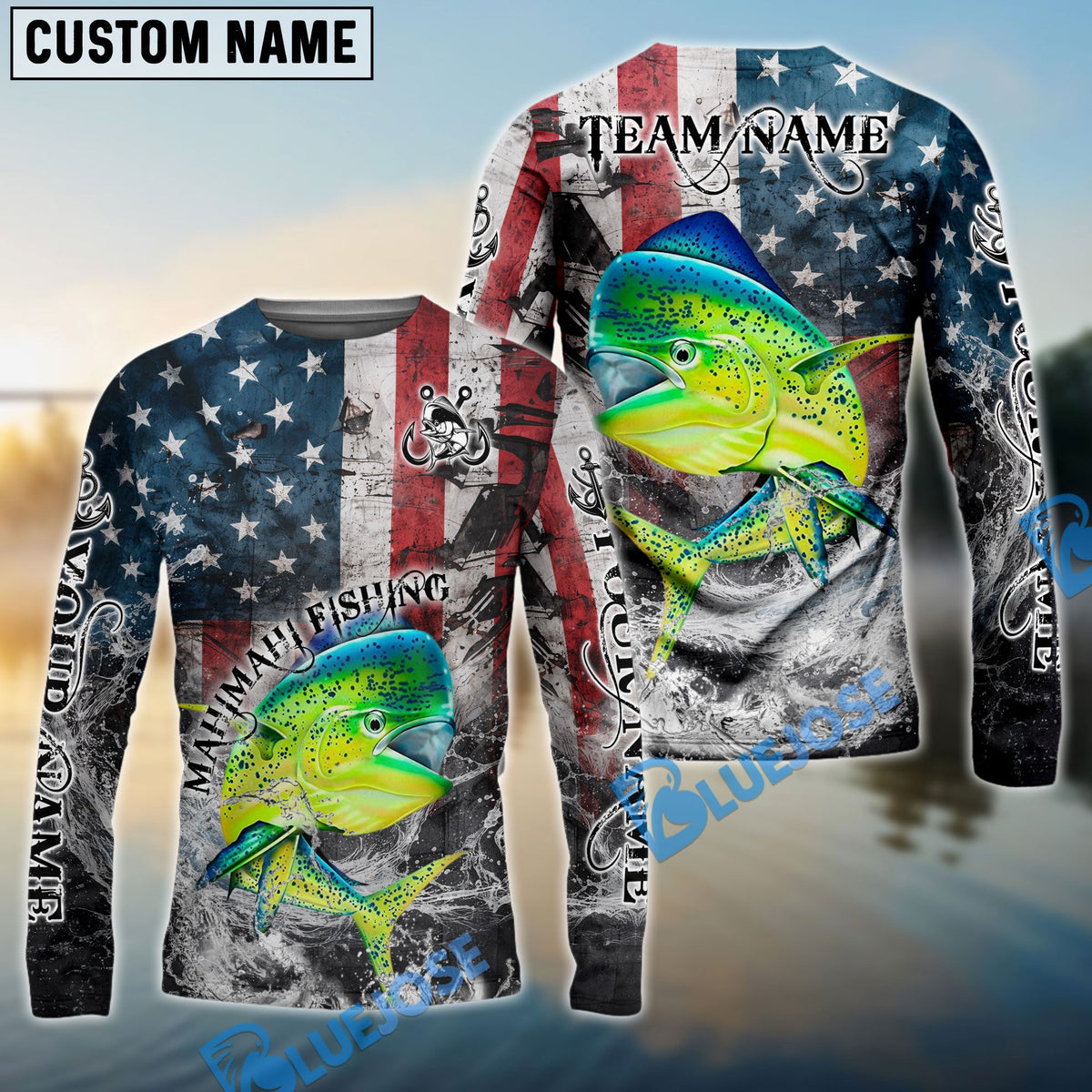 BlueJose Mahi-Mahi Fishing American Flag Vintage Splash Art Custom Name & Team Name 3D Shirts