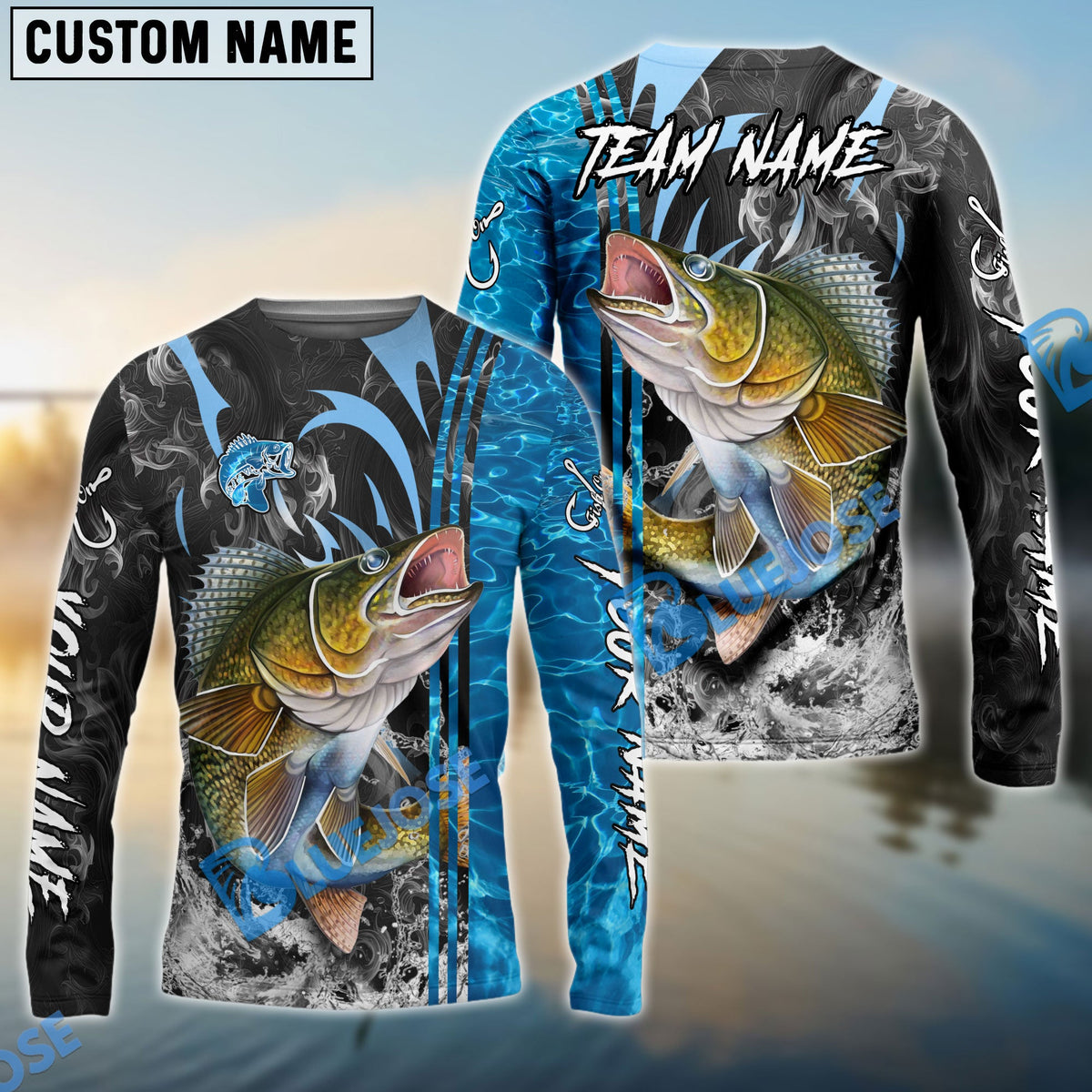 BlueJose Walleye Fishing Sparkling Water Smoke Pattern Design Custom Name & Team Name 3D Shirts