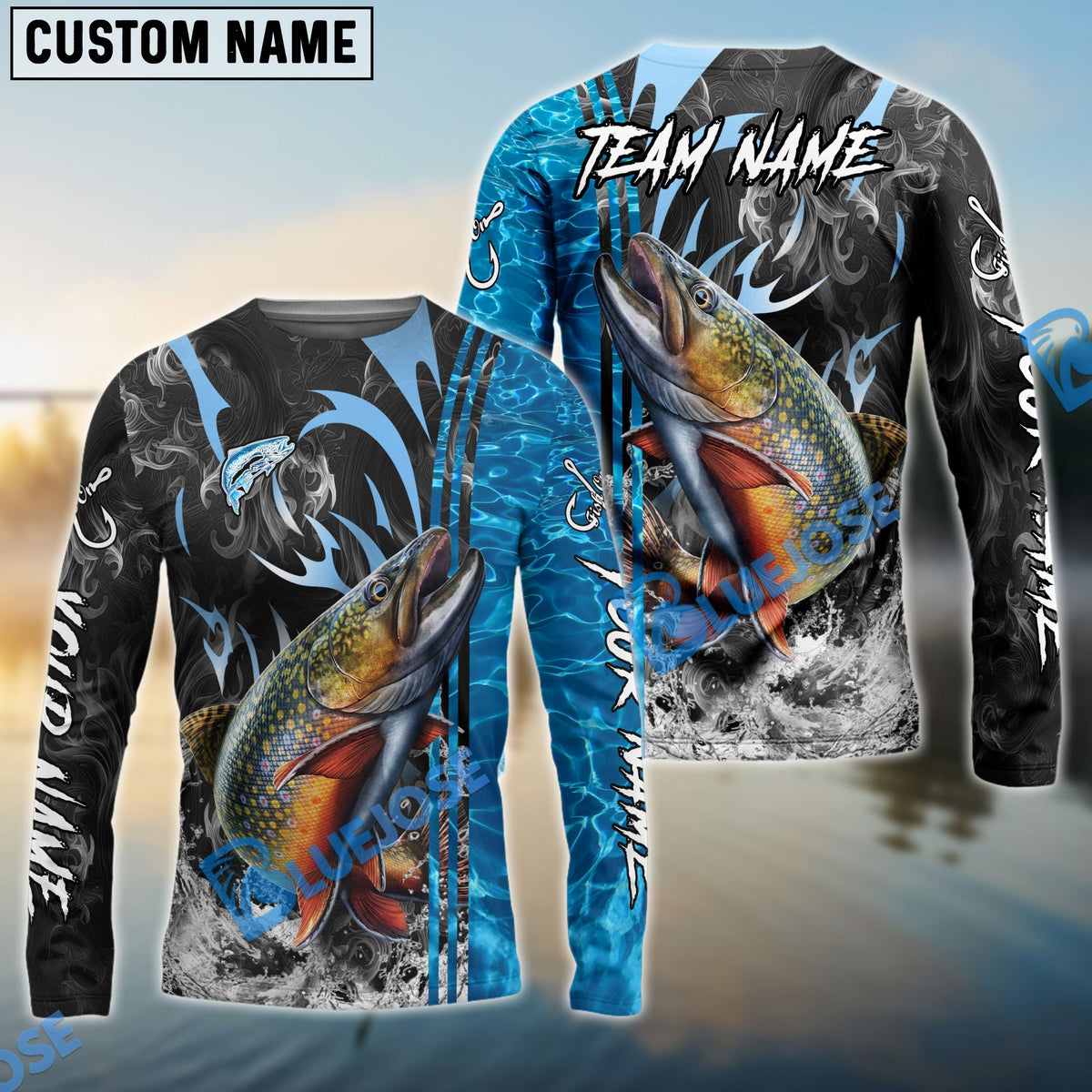 BlueJose Trout Fishing Sparkling Water Smoke Pattern Design Custom Name & Team Name 3D Shirts