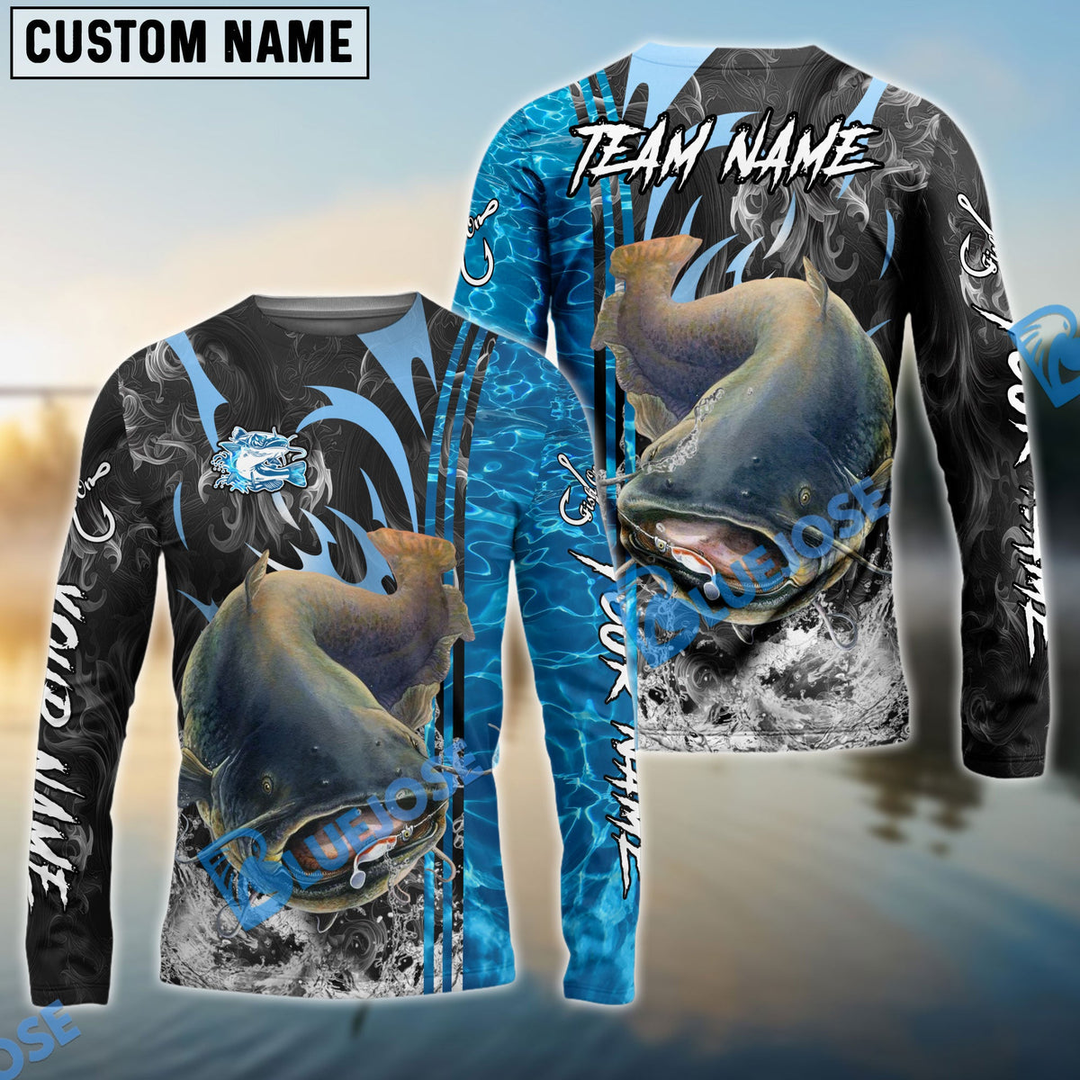 BlueJose Catfish Fishing Sparkling Water Smoke Pattern Design Custom Name & Team Name 3D Shirts