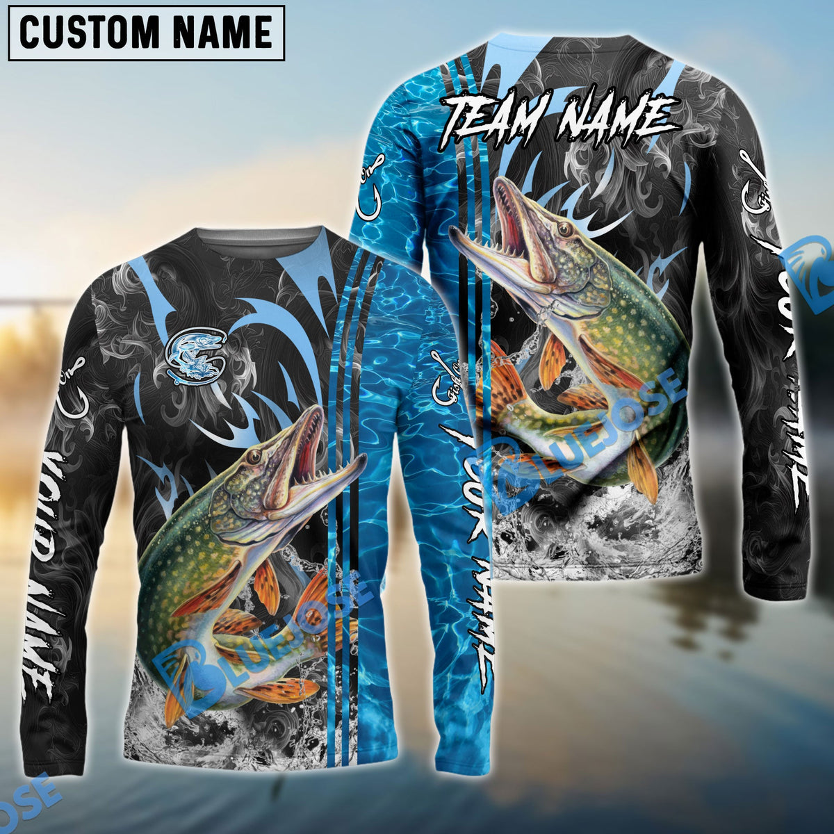 BlueJose Pike Fishing Sparkling Water Smoke Pattern Design Custom Name & Team Name 3D Shirts
