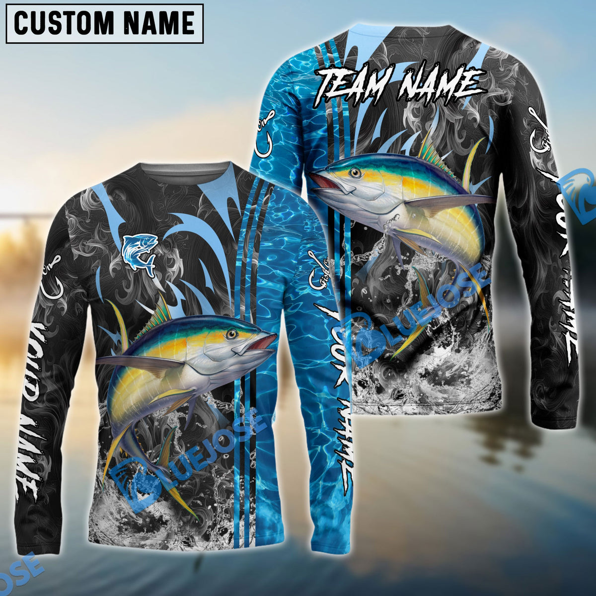 BlueJose Tuna Fishing Sparkling Water Smoke Pattern Design Custom Name & Team Name 3D Shirts