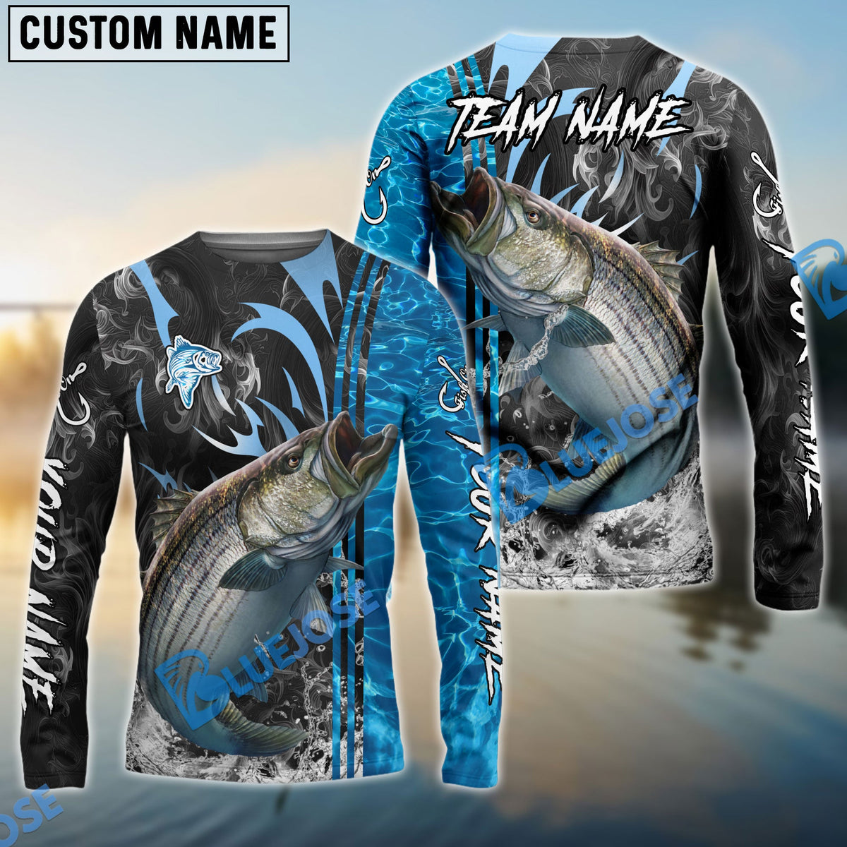 BlueJose Striped Bass Fishing Sparkling Water Smoke Pattern Design Custom Name & Team Name 3D Shirts