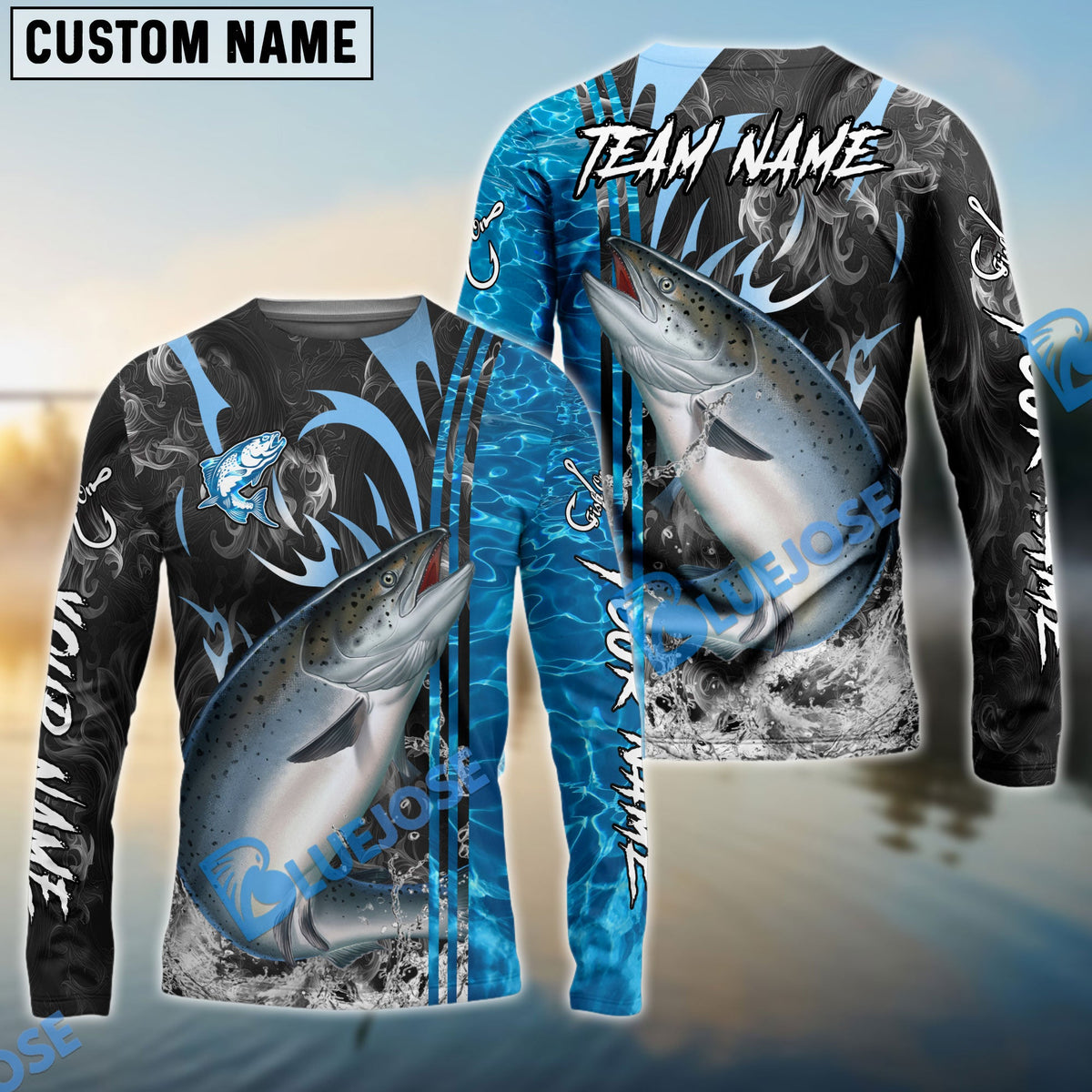 BlueJose Salmon Fishing Sparkling Water Smoke Pattern Design Custom Name & Team Name 3D Shirts