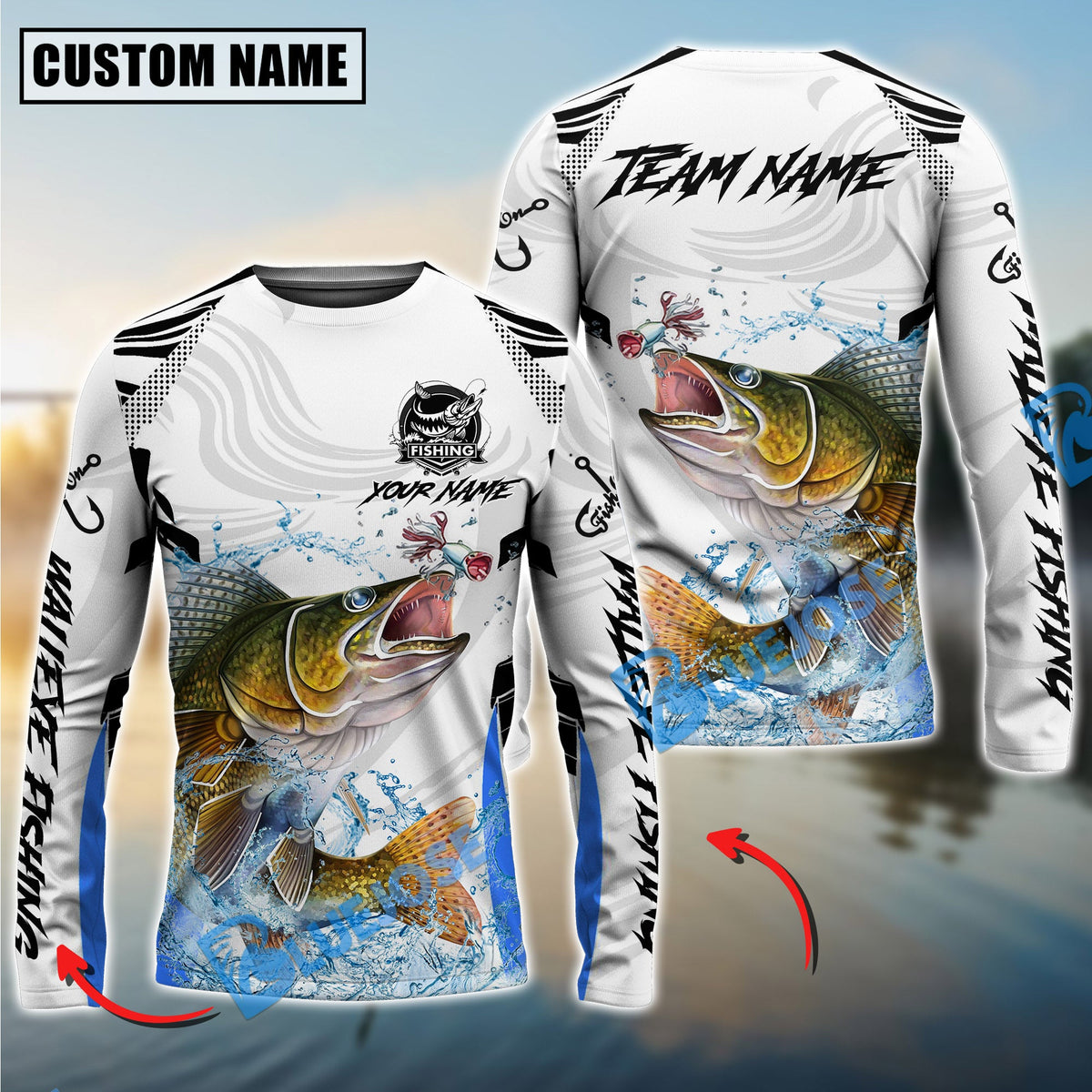 BlueJose Walleye Fishing White Black Curve Pattern Design Custom Name & Team Name 3D Shirts