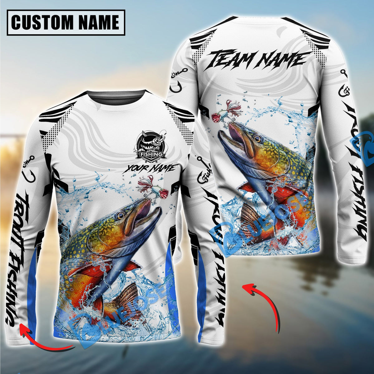 BlueJose Trout Fishing White Black Curve Pattern Design Custom Name & Team Name 3D Shirts