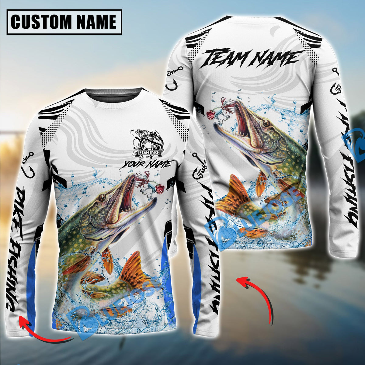 BlueJose Pike Fishing White Black Curve Pattern Design Custom Name & Team Name 3D Shirts