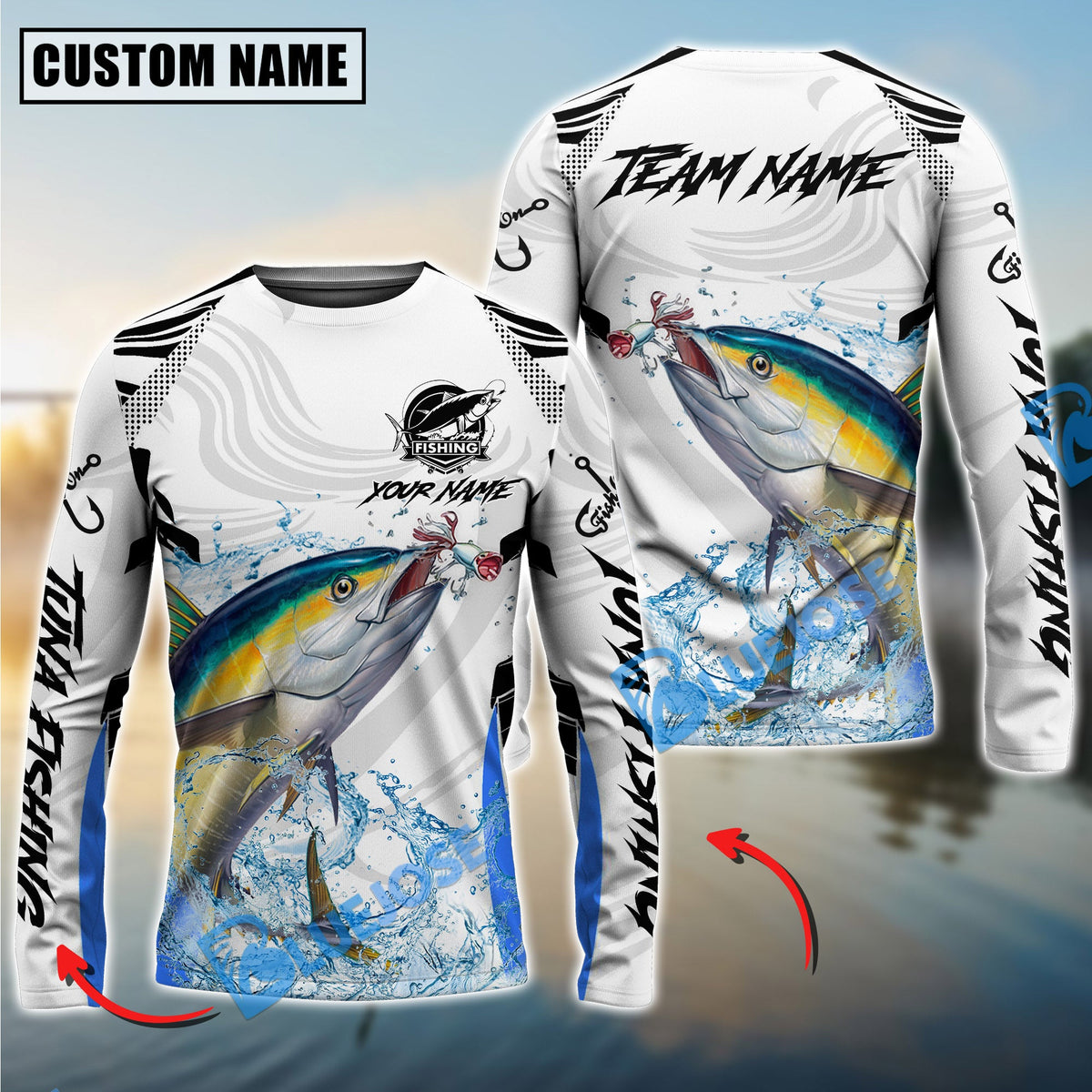 BlueJose Tuna Fishing White Black Curve Pattern Design Custom Name & Team Name 3D Shirts
