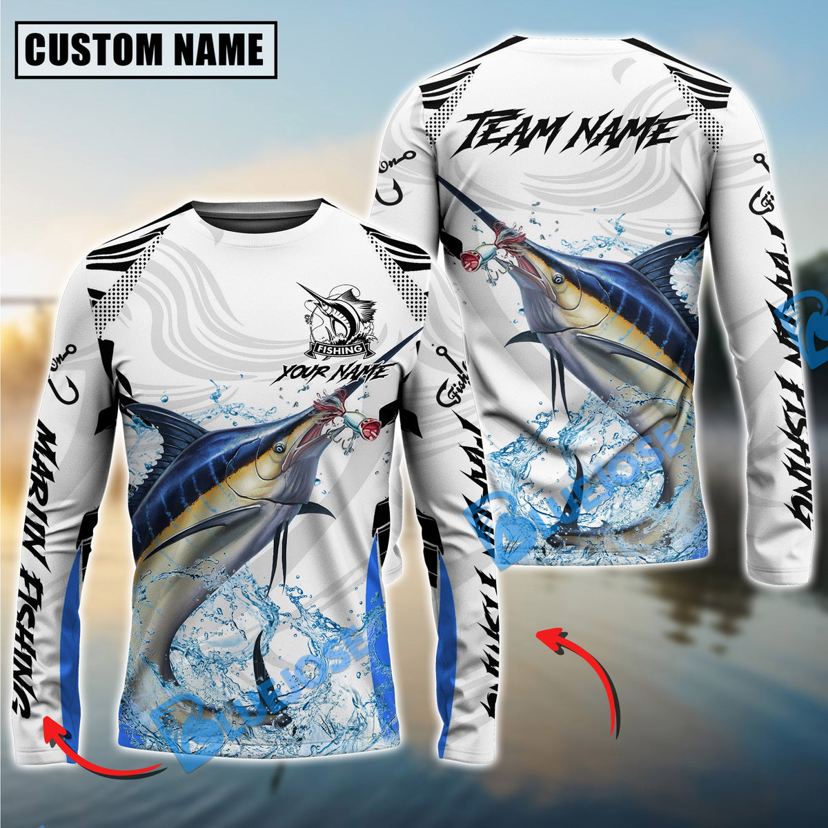 BlueJose Marlin Fishing White Black Curve Pattern Design Custom Name & Team Name 3D Shirts
