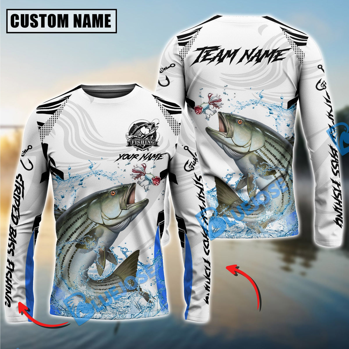 BlueJose Striped Bass Fishing White Black Curve Pattern Design Custom Name & Team Name 3D Shirts