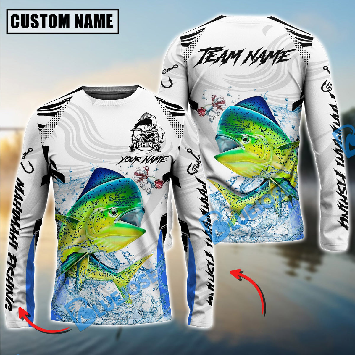 BlueJose Mahi Mahi Fishing White Black Curve Pattern Design Custom Name & Team Name 3D Shirts