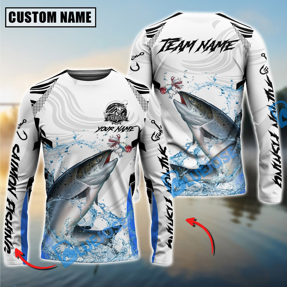 BlueJose Salmon Fishing White Black Curve Pattern Design Custom Name & Team Name 3D Shirts