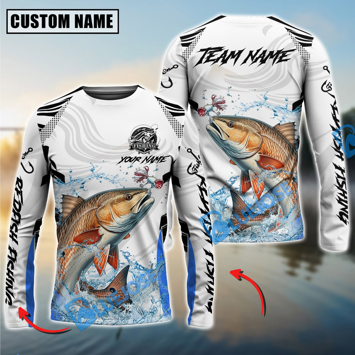 BlueJose Red Fish Fishing White Black Curve Pattern Design Custom Name & Team Name 3D Shirts