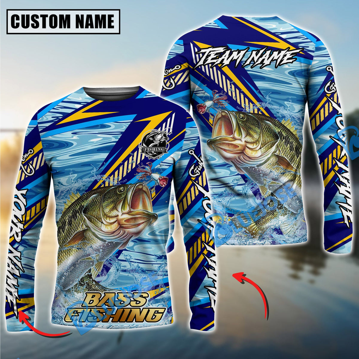 BlueJose Red Fish Fishing Yellow Blue Lightning Pattern Design Custom Name & Team Name 3D Shirts