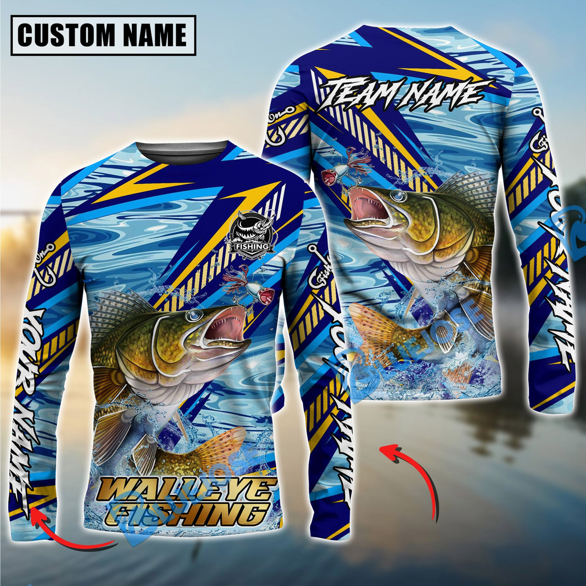 BlueJose Walleye Fishing Yellow Blue Lightning Pattern Design Custom Name & Team Name 3D Shirts
