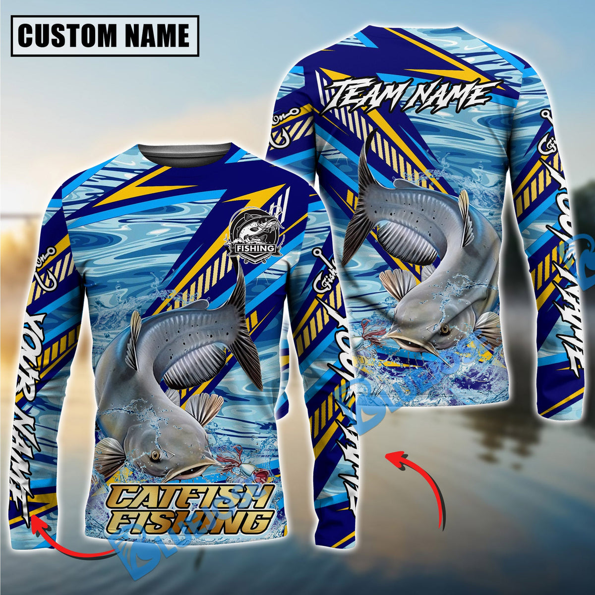 BlueJose Catfish Fishing Yellow Blue Lightning Pattern Design Custom Name & Team Name 3D Shirts
