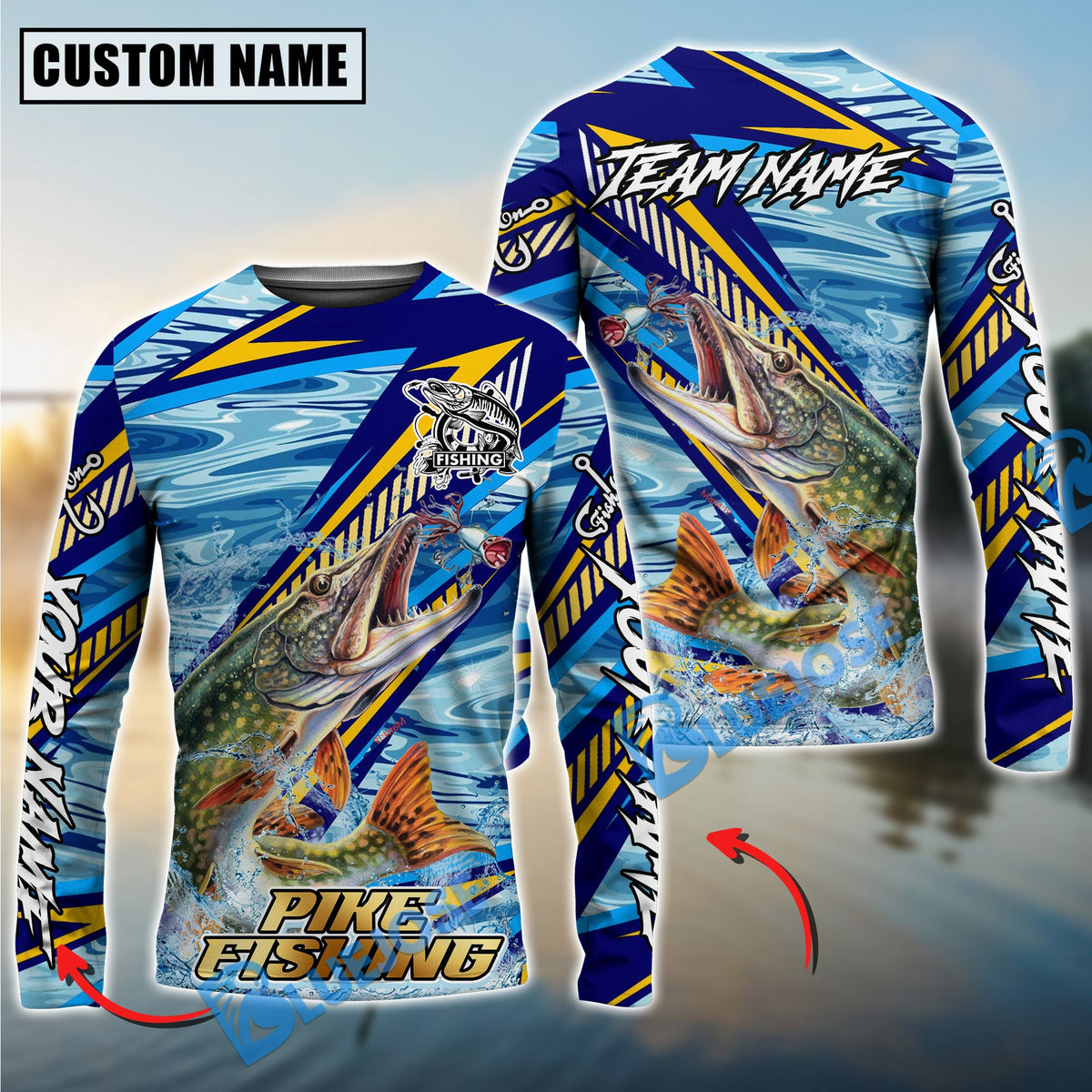 BlueJose Pike Fishing Yellow Blue Lightning Pattern Design Custom Name & Team Name 3D Shirts