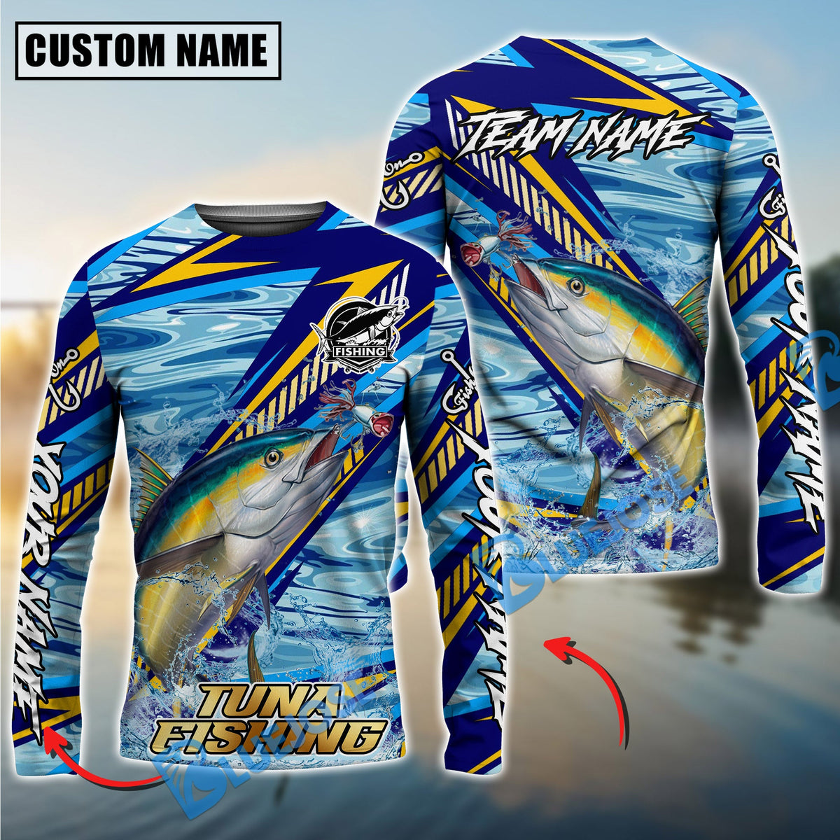BlueJose Tuna Fishing Yellow Blue Lightning Pattern Design Custom Name & Team Name 3D Shirts