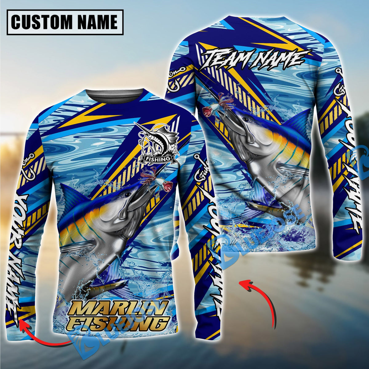 BlueJose Marlin Fishing Yellow Blue Lightning Pattern Design Custom Name & Team Name 3D Shirts