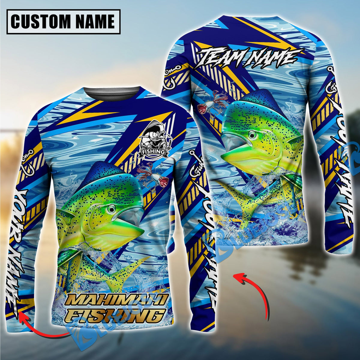 BlueJose Mahimahi Fishing Yellow Blue Lightning Pattern Design Custom Name & Team Name 3D Shirts
