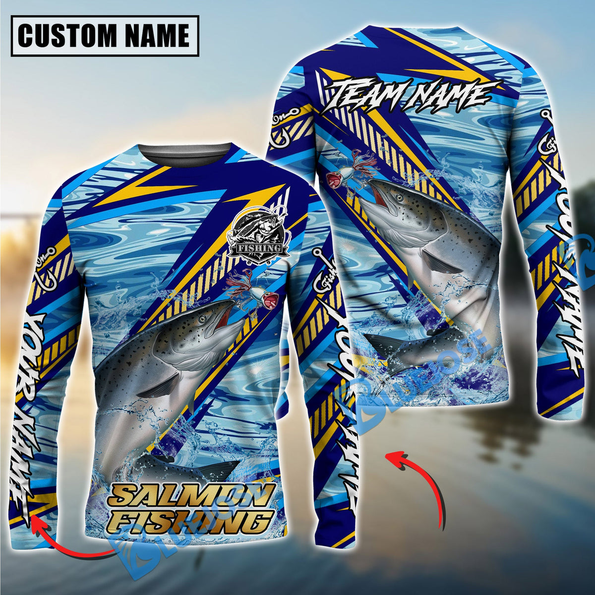 BlueJose Salmon Fishing Yellow Blue Lightning Pattern Design Custom Name & Team Name 3D Shirts