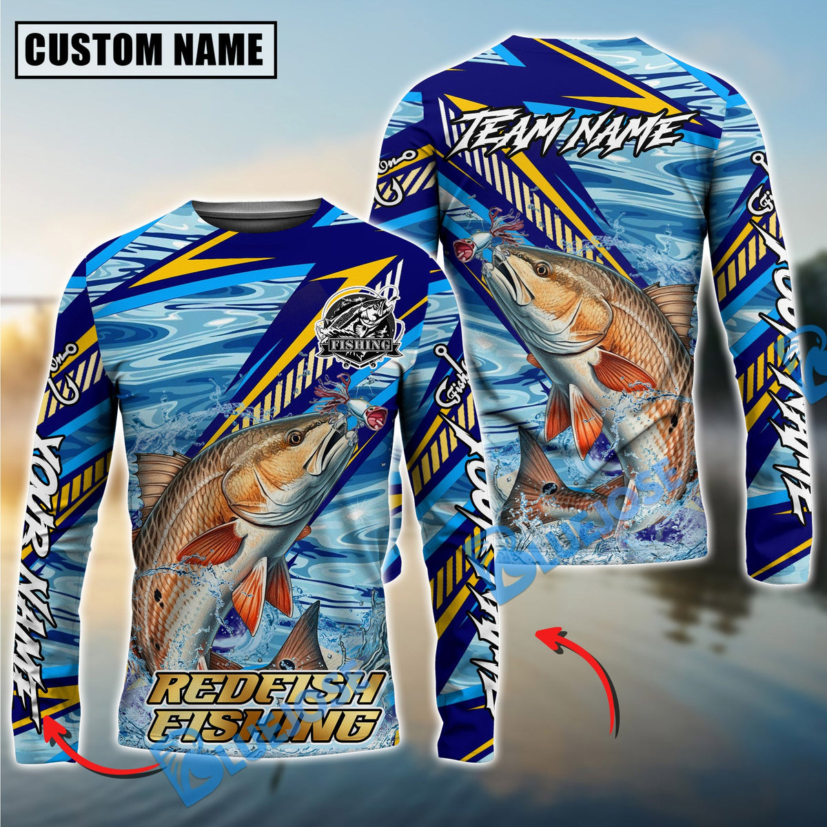 BlueJose Red Fish Fishing Yellow Blue Lightning Pattern Design Custom Name & Team Name 3D Shirts