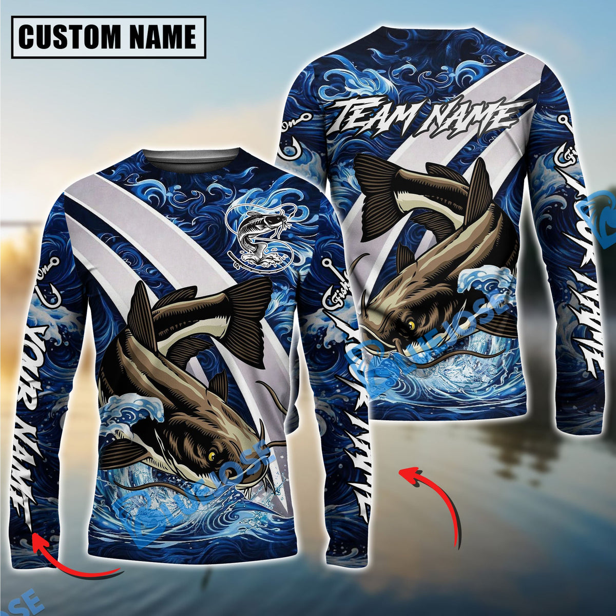 BlueJose Catfish Fishing Blue Lava Smoke Silver Line Design Custom Name & Team Name 3D Shirts