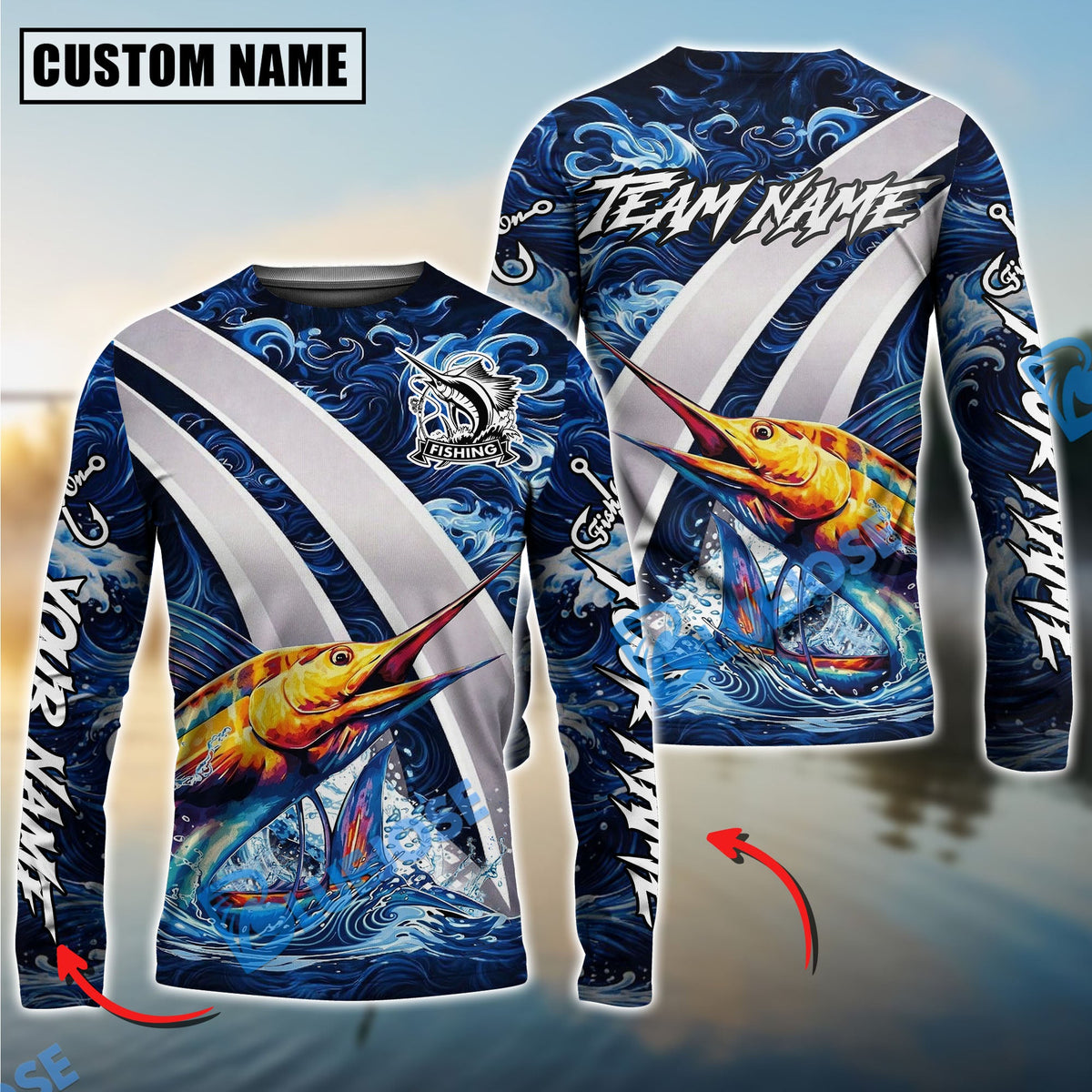 BlueJose Marlin Fishing Blue Lava Smoke Silver Line Design Custom Name & Team Name 3D Shirts